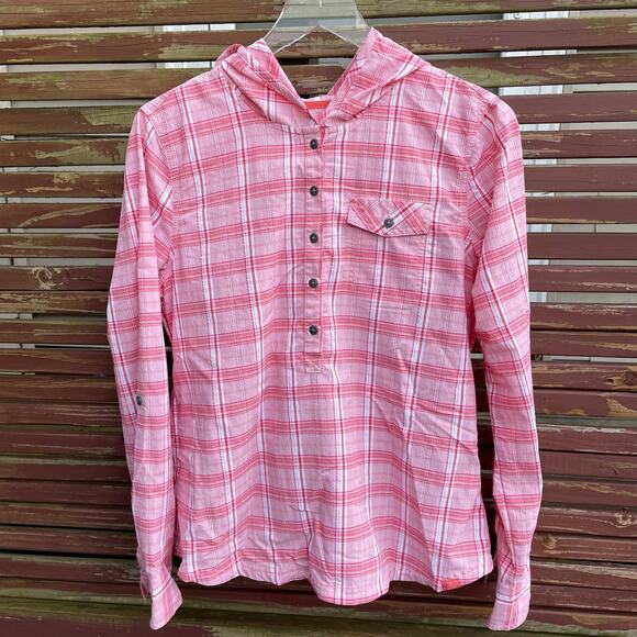 Prana Anja Hooded Shirt Plaid Roll Tab Button-Front Pullover Pink Size Medium - Picture 1 of 10